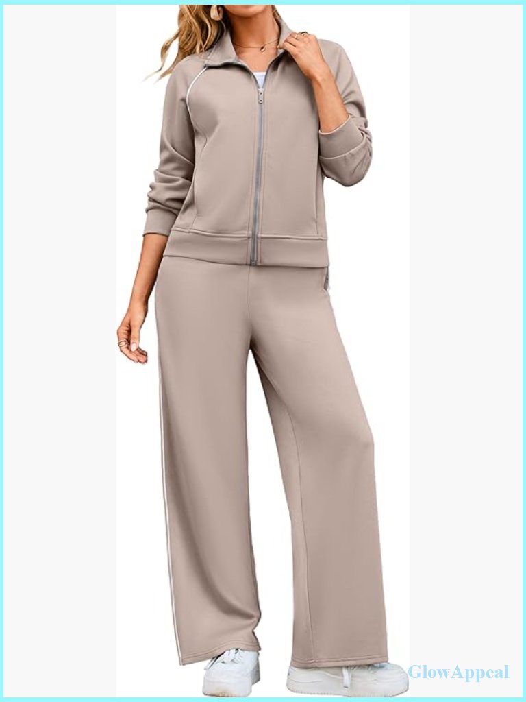 2 Piece Sweat Set Zip Up Track Suit Wide Leg Joggers Fall Outfits